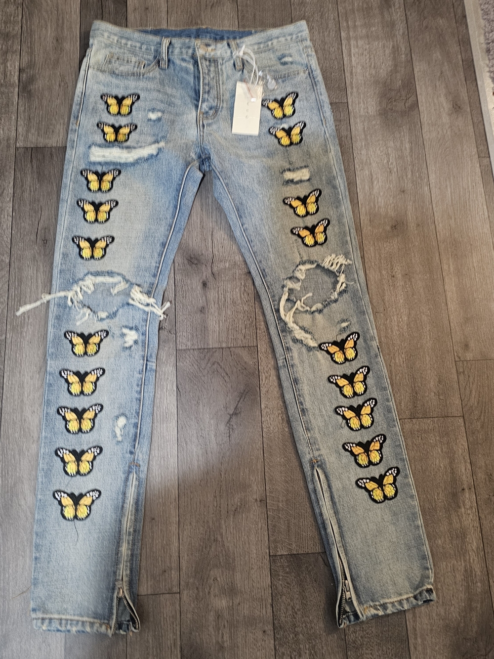 MNML Light Blue Retro streetwear Jeans with Yellow Butterfly Patches{Bx26}
